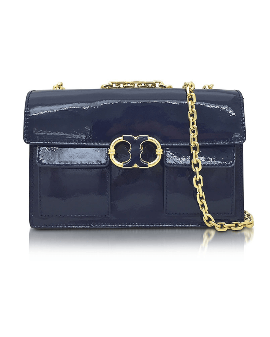 Tory Burch Gemini Link Navy Patent Leather Chain Shoulder Bag