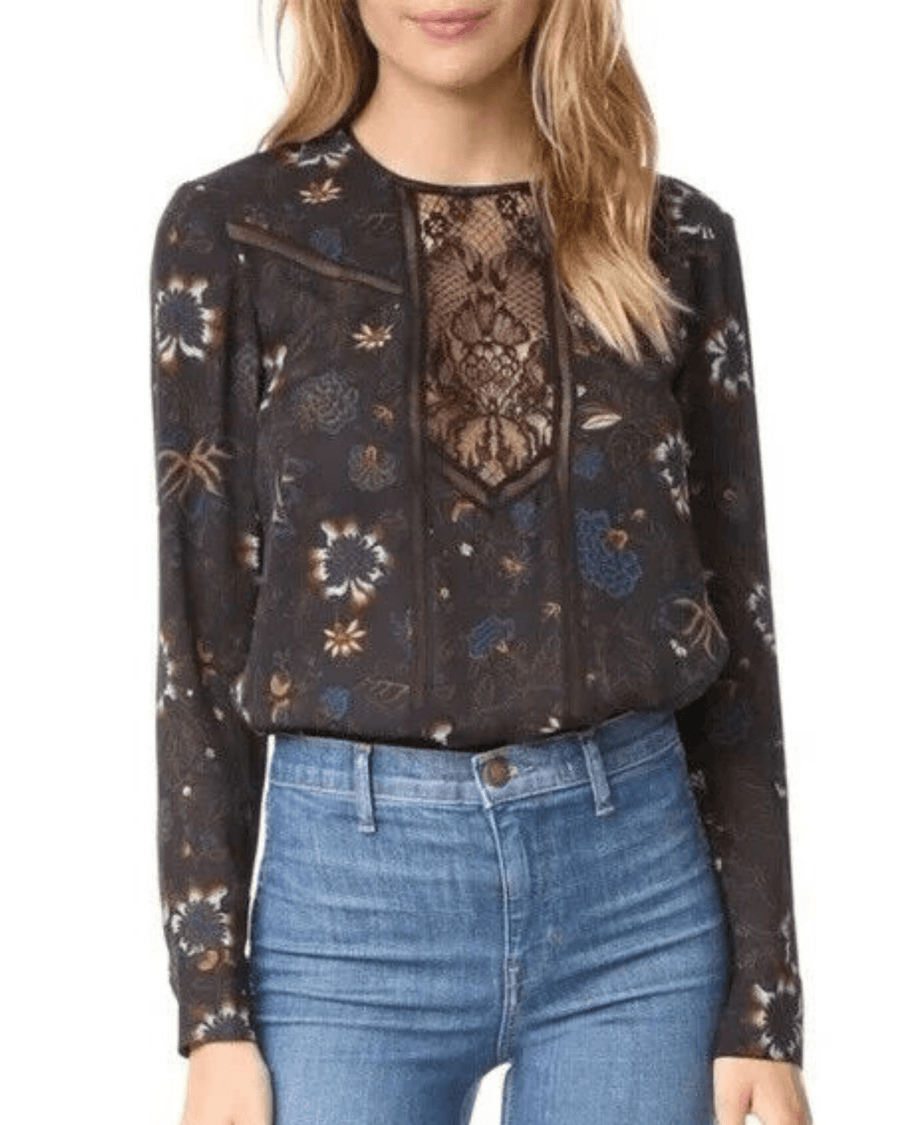 A.L.C. Clothing Small | US 2 Noemi Lace Dark Botanical Floral Silk Top