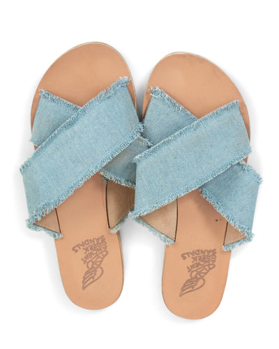 Ancient Greek Sandals Shoes Large | US 10 Denim Crossover Fringe Flat Sandals