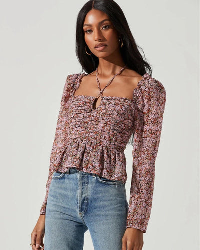 ASTR the Label Clothing XS "Toni" Ruched Halter Long Sleeve Top