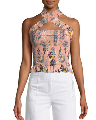 Cinq a Sept Clothing Small Donya Country Fern-Print Smocked Halter Top