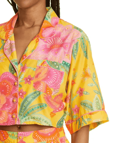 Farm Rio Clothing Large Macaw Bloom Crop Cotton Shirt