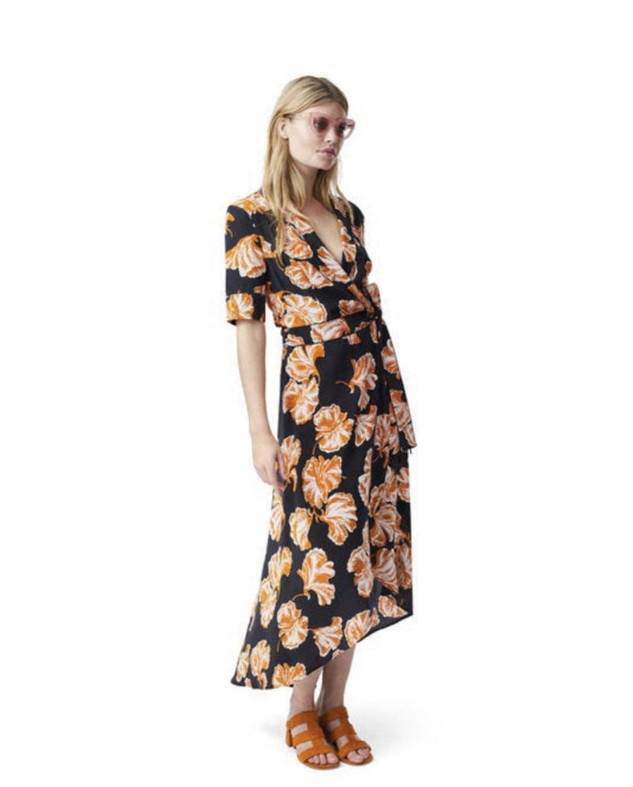 GANNI Clothing Large | 38 "Geroux" Floral Print Silk Crepe De Chine Wrap Dress
