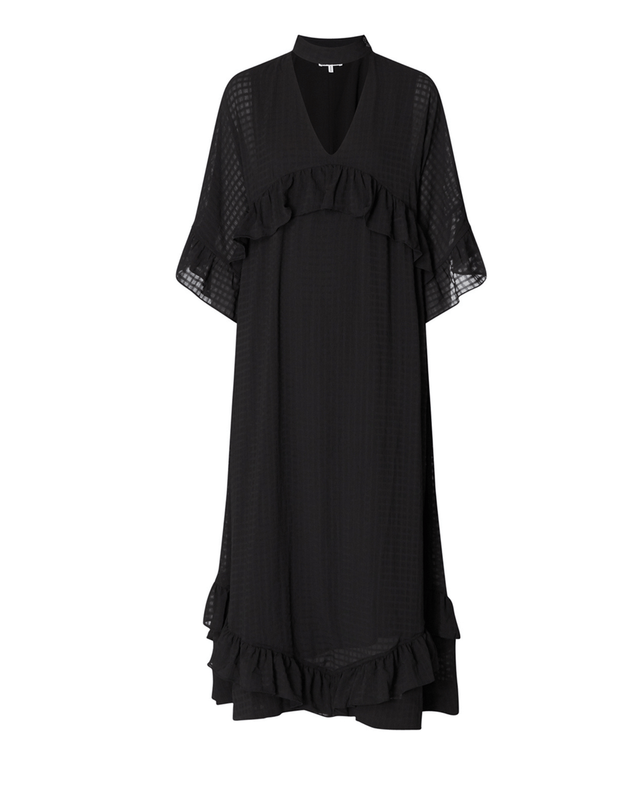 GANNI Clothing Medium | US 8 I DK 38 Ruffled Seersucker Midi Dress in Black