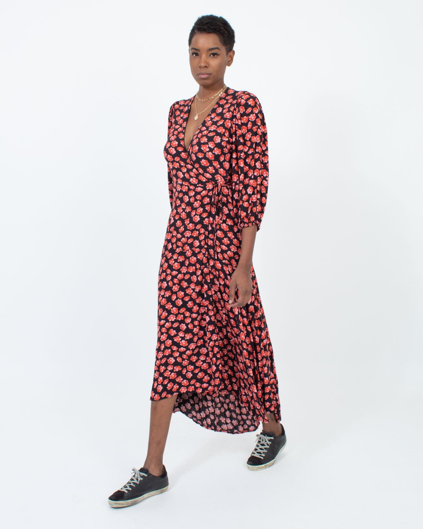 Floral Print Ganni Dress Wrap Ganni Printed Mesh Wrap Dress – Midi