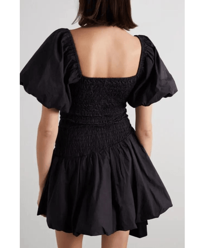 LoveShackFancy Clothing Large Asa Shirred Cotton-Poplin Mini Dress in Black