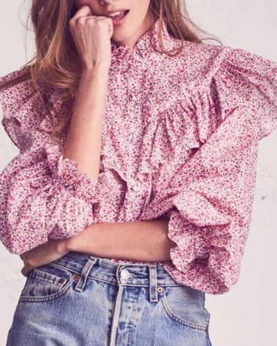 LoveShackFancy Clothing Small Pink Floral Button Down Blouse