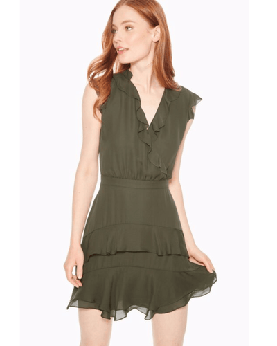 Tangia Silk Sleeveless Ruffle Short Dress in Moss The Revury