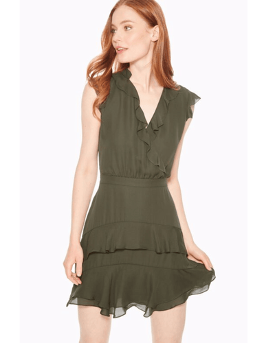 Parker Clothing Medium | US 6 Tangia Silk Sleeveless Ruffle Short Dress in Moss