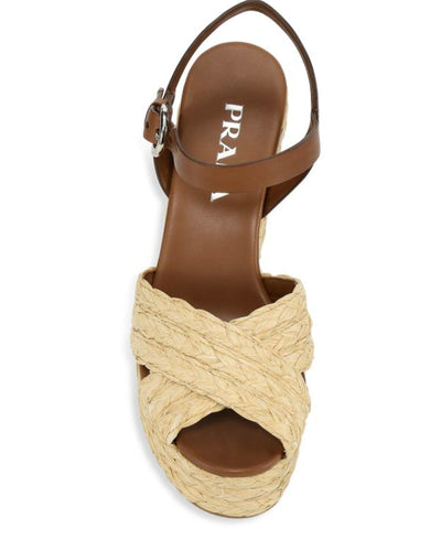 Prada Shoes Small | 6 Leather & Raffia Wedge Sandals