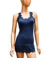 rosemunde Clothing Large Fitted Blue Ribbed Tank with Lace Trim