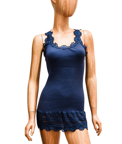 rosemunde Clothing Large Fitted Blue Ribbed Tank with Lace Trim