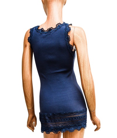 rosemunde Clothing Large Fitted Blue Ribbed Tank with Lace Trim