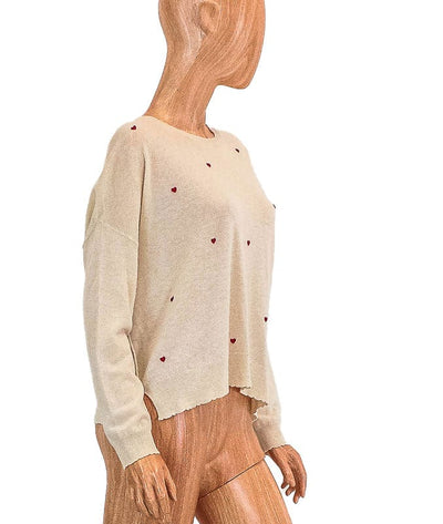 SUNDRY Clothing Small Heart Embroidered Scalloped Hem Sweater