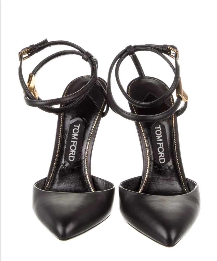 Tom Ford Shoes Small | 36 Black Leather Gold Ankle Strap Heel