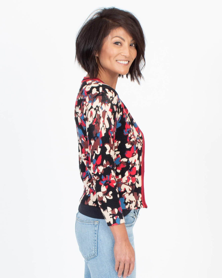 Tracy Reese Clothing Small Floral Printed Zip Cardigan