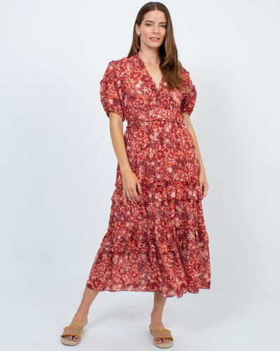 Ulla Johnson Clothing Medium | US 6 Floral V-Neck Short Sleeve Midi Dress