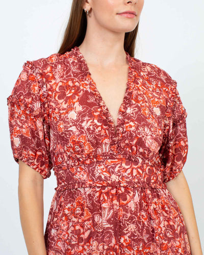 Ulla Johnson Clothing Medium | US 6 Floral V-Neck Short Sleeve Midi Dress
