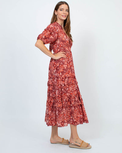 Ulla Johnson Clothing Medium | US 6 Floral V-Neck Short Sleeve Midi Dress