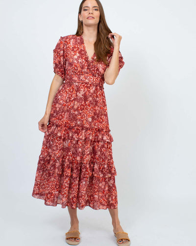 Ulla Johnson Clothing Medium | US 6 Floral V-Neck Short Sleeve Midi Dress