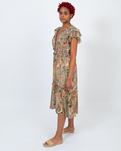 Ulla Johnson Clothing Medium | US 8 Floral V-Neck Flutter Sleeve Midi Dress