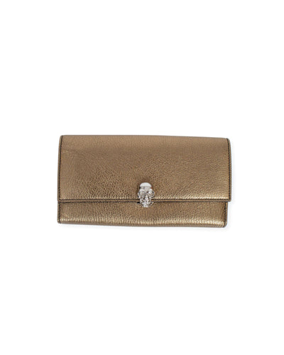 Alexander McQueen Accessories One Size Skull Crystal "Metallic Gold Grain Continental Wallet"