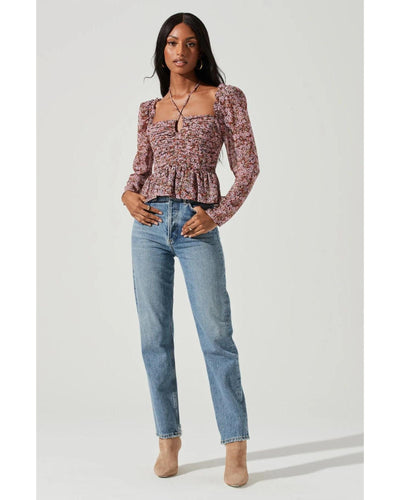 ASTR the Label Clothing XS "Toni" Ruched Halter Long Sleeve Top