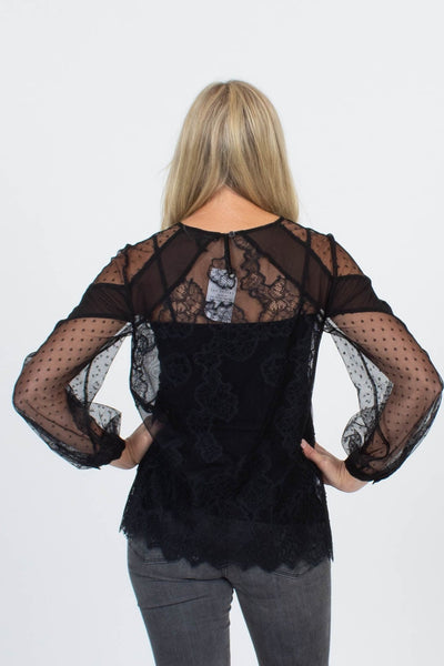 BCBG Max Azria Clothing XXS Black Lace Long Sleeve Blouse