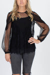 BCBG Max Azria Clothing XXS Black Lace Long Sleeve Blouse