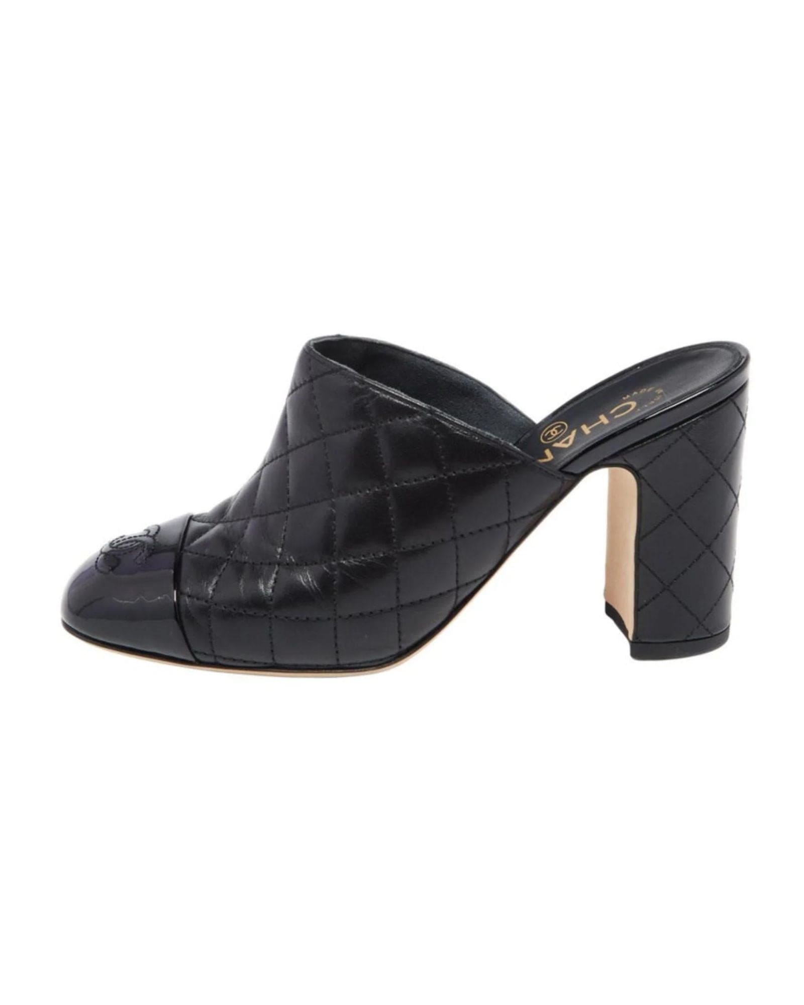 Chanel Black Quilted Leather CC Cap Toe Mules