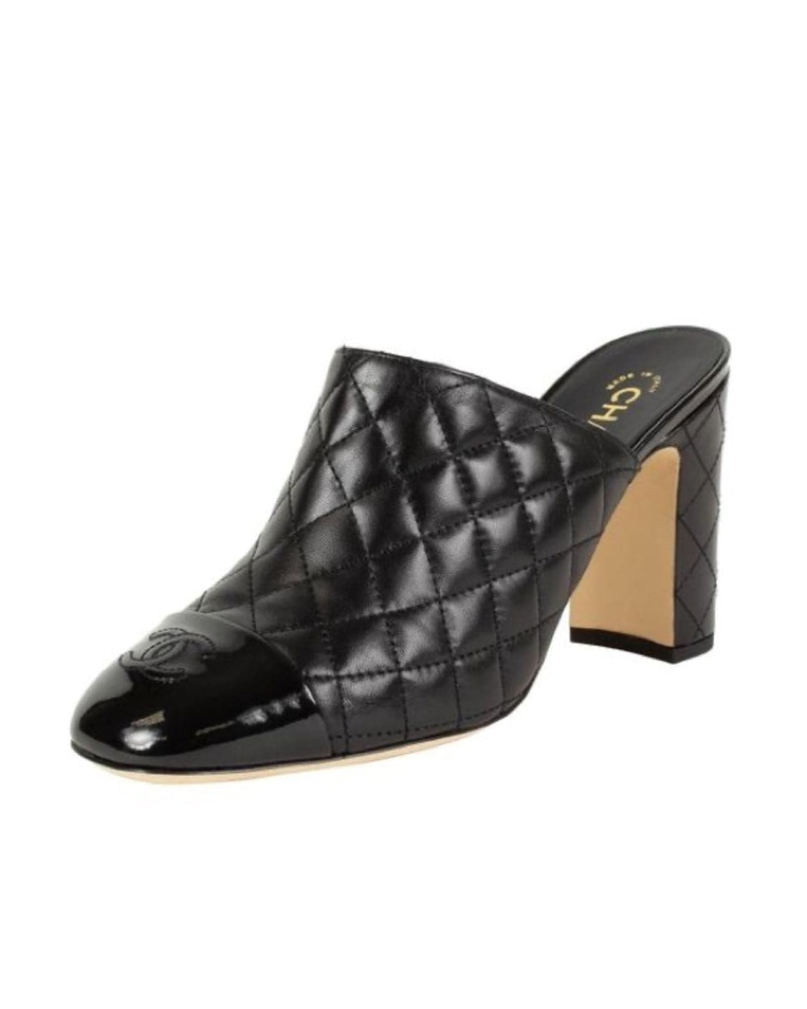 Chanel Black Quilted Leather Cap Toe Chain Mules Size 37 at 1stDibs