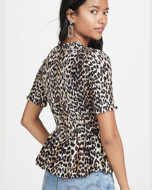 GANNI Clothing Small Leopard Smocked Blouse