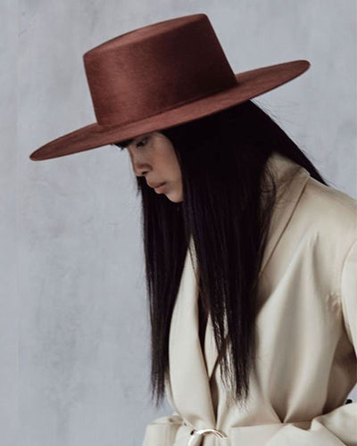 Janessa Leone Accessories Small "Alea" Burnt Orange Flat Top Wide Brim Hat