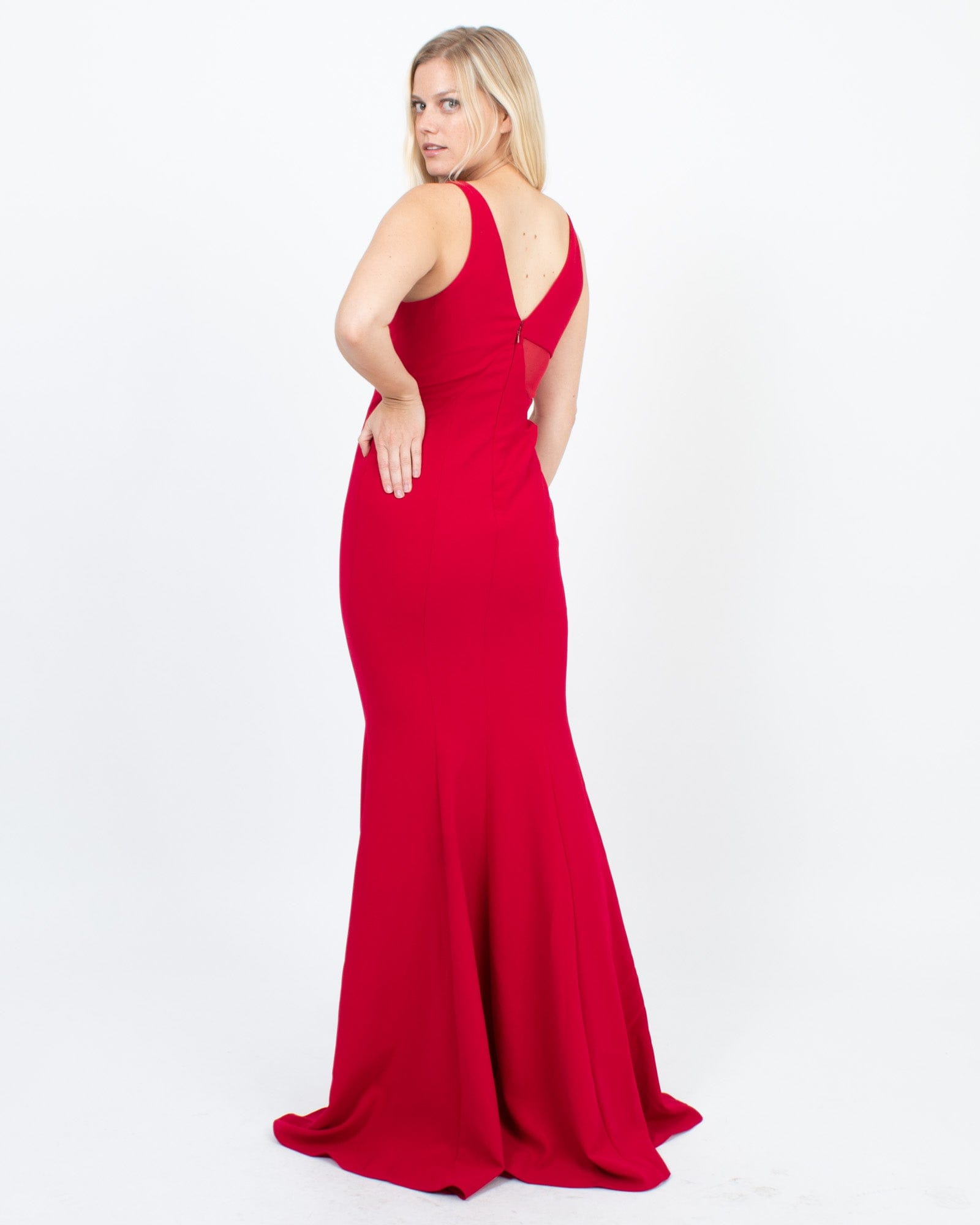 V Neck Sleeveless Ruby Red Satin Long Prom Dress - Xdressy