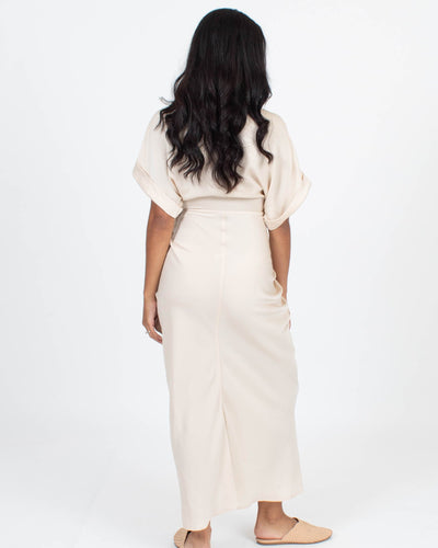 MABLE Clothing Small Satin Button Down Midi Dress