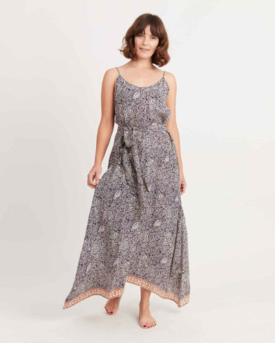 Natalie Martin Clothing Large Silk Maxi Dress with Waist Tie