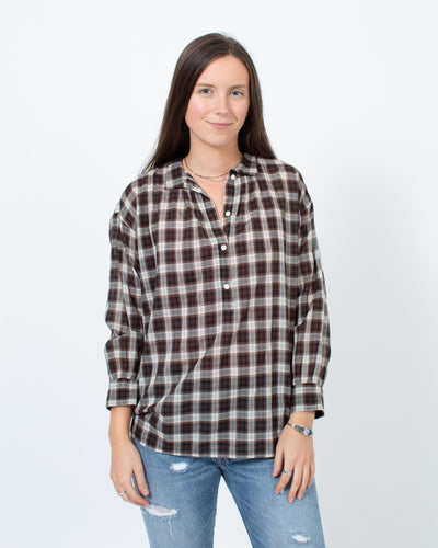 Nili Lotan Clothing Small Brown Plaid Blouse