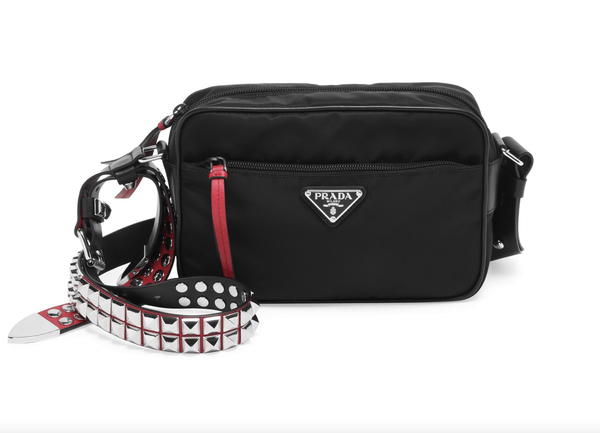 Prada Cream, Black & Red Nylon Vela Studded Messenger Bag with