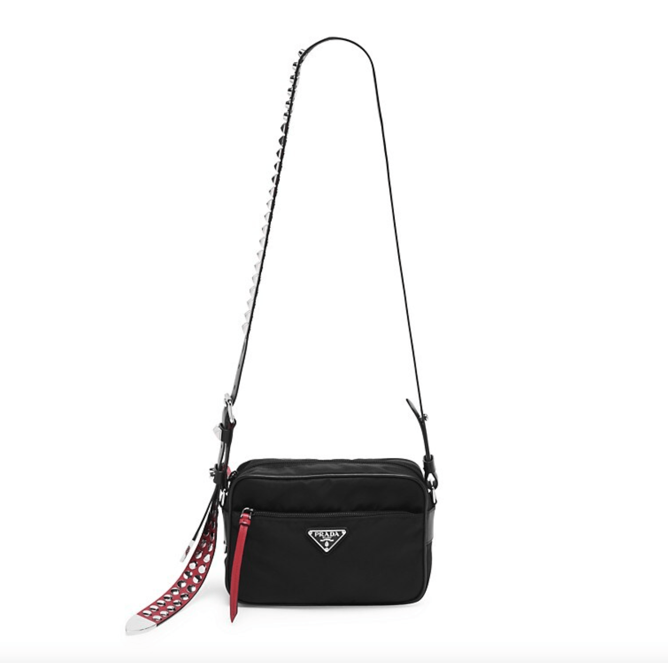 Prada New Vela Studded Nylon Bag in Black and Red The Revury