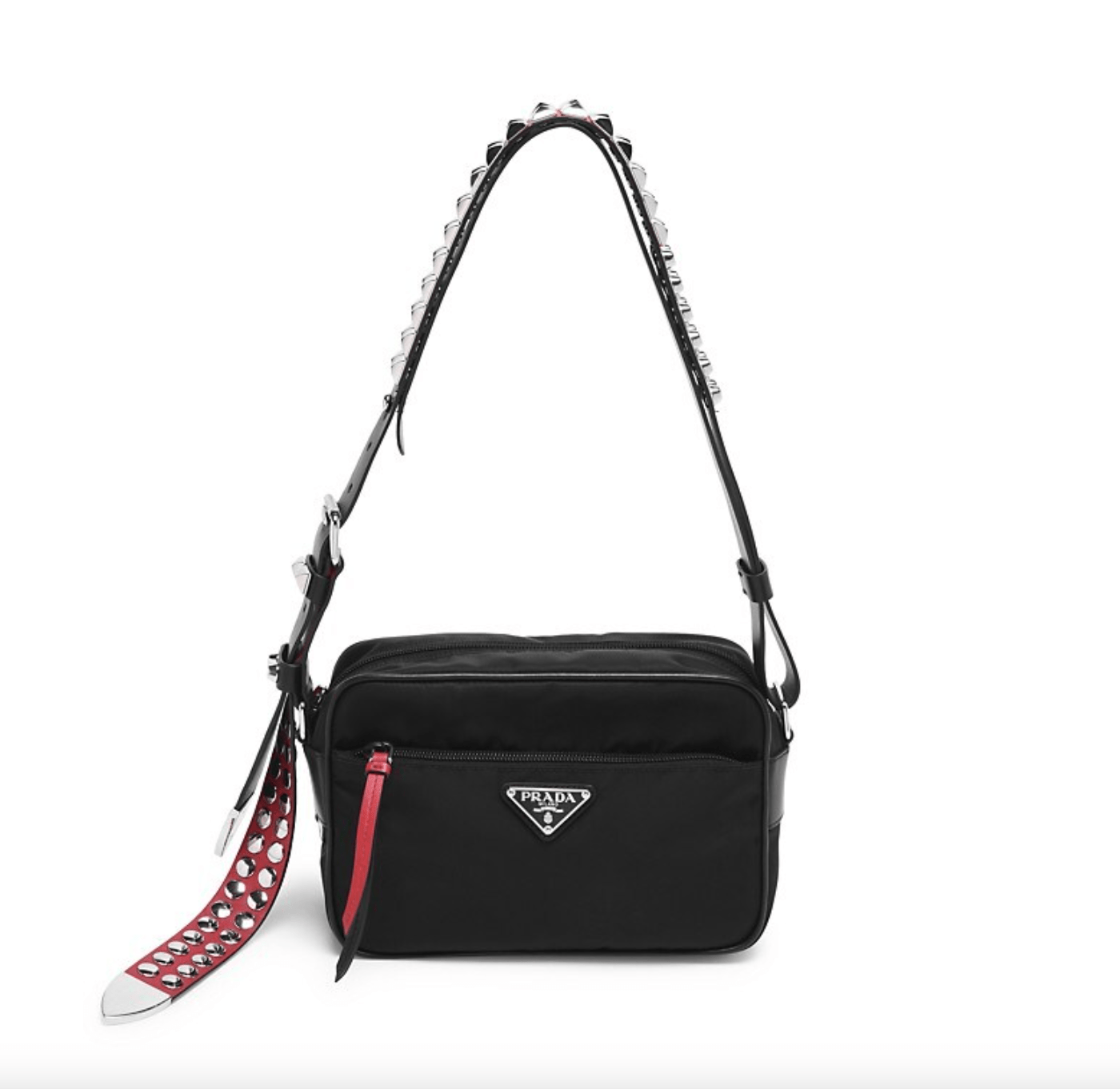 Prada New Vela Studded Nylon Bag in Black and Red The Revury
