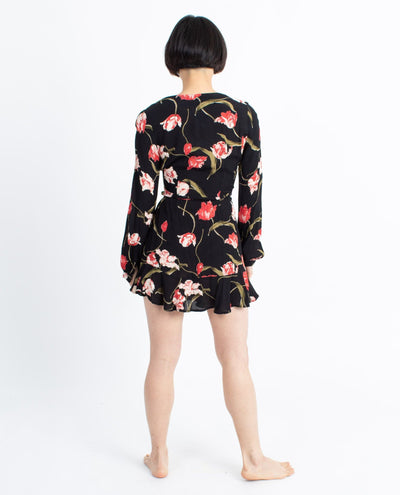 Privacy Please Clothing XS Black Floral Wrap Mini Dress