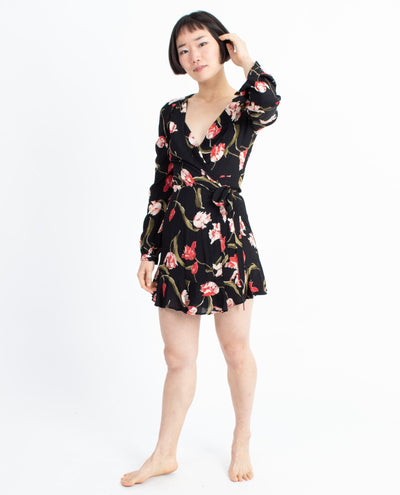 Privacy Please Clothing XS Black Floral Wrap Mini Dress