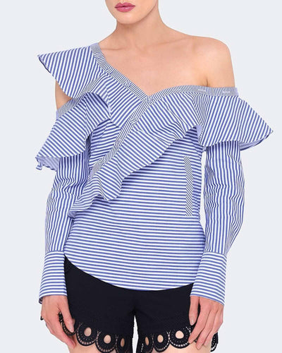 SELF-PORTRAIT Clothing XS | US 2 Striped Asymmetrical Frill Blouse