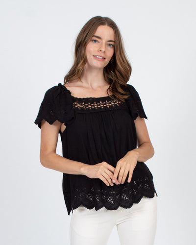 Ulla Johnson Clothing Large | US 10 Short Sleeve Crochet Embroidered Blouse