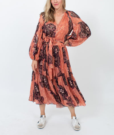 Ulla Johnson Clothing Medium | US 6 Printed Puff Sleeve Metallic Maxi Dress with Waist Tie