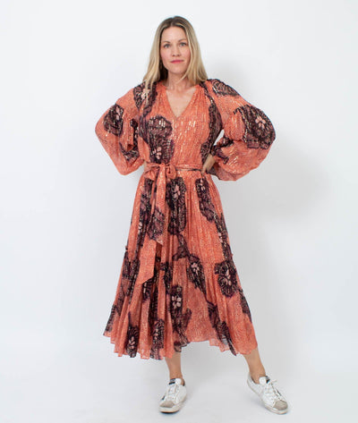 Ulla Johnson Clothing Medium | US 6 Printed Puff Sleeve Metallic Maxi Dress with Waist Tie