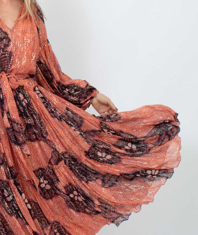 Ulla Johnson Clothing Medium | US 6 Printed Puff Sleeve Metallic Maxi Dress with Waist Tie