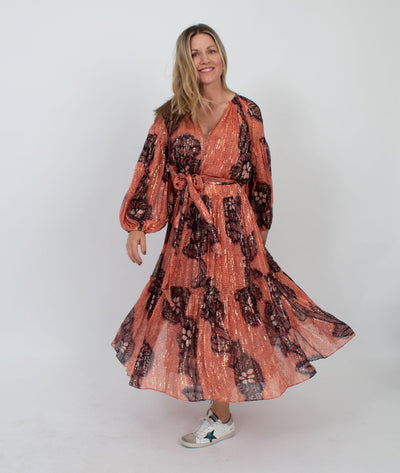 Ulla Johnson Clothing Medium | US 6 Printed Puff Sleeve Metallic Maxi Dress with Waist Tie