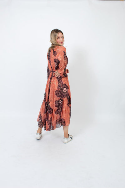 Ulla Johnson Clothing Medium | US 6 Printed Puff Sleeve Metallic Maxi Dress with Waist Tie