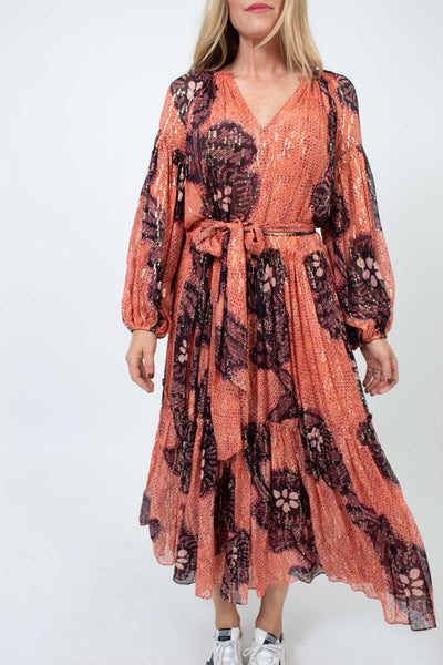 Ulla Johnson Clothing Medium | US 6 Printed Puff Sleeve Metallic Maxi Dress with Waist Tie